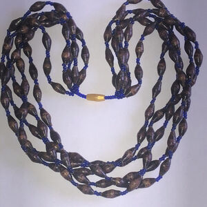 Elegant Vintage Brown and Blue Beaded Boho Multi Strand Necklace